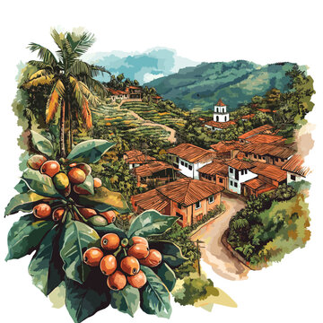 Coffee Cultural Landscape - Eje Cafetero. Coffee Cultural Landscape - Eje Cafetero hand drawn watercolor illustration