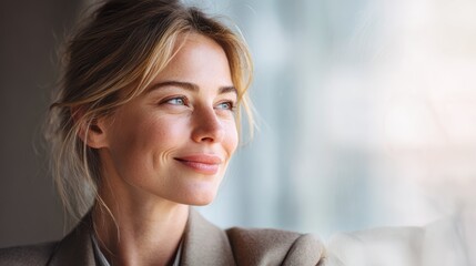 Smiling woman looking out a window, day dreaming with a hopeful expression