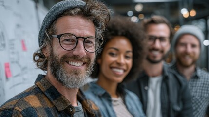 A diverse group of coworkers stands together in a modern office space. They wear casual attire and smile brightly, showing their enjoyment of teamwork and friendship in a lively atmosphere