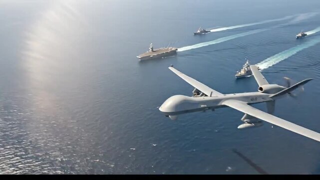 Unmanned aerial vehicle flying over a naval fleet in the ocean, military technology, and modern warfare