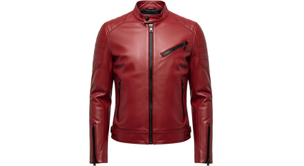A shiny red leather jacket with black zippers on a white background in a studio setting