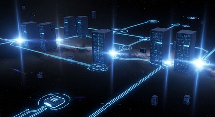 Data servers connected in a network in space, cloud computing connection
