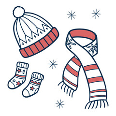 A charming illustration showcases a cozy winter ensemble, featuring a delightful hat, a snug scarf, and adorable socks, all adorned with festive details and a touch of seasonal cheer