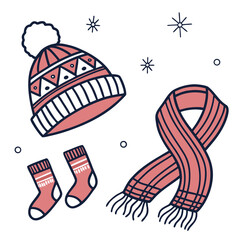 Naklejka premium A delightful illustration showcases a cozy winter set, featuring a charming hat, a snug scarf, and adorable socks, all adorned with festive patterns and a touch of seasonal cheer