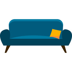 A stylish teal blue two-seater sofa with a bright orange accent pillow placed centrally on a white transparent background with four tapered brown legs
