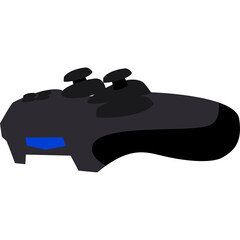 A stylized black video game controller with a blue light detail on a transparent background