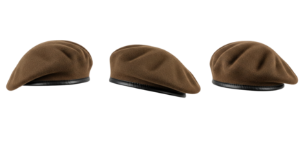Brown military beret hat with leather trim from three different views for army soldier uniform