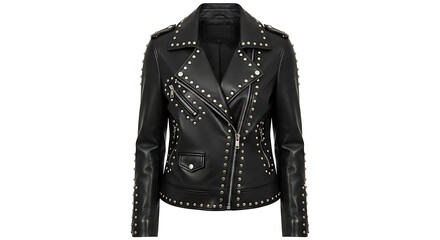 A black leather jacket with silver studs and zippers on a white background in a studio shot