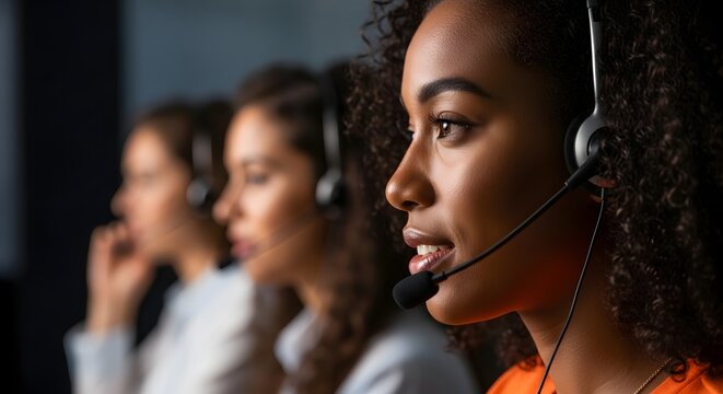 Diverse team of women working in a call center wearing headsets and focused on their tasks