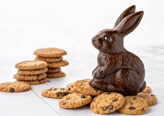 chocolate bunny on a mountain of cookies, sweets, desserts