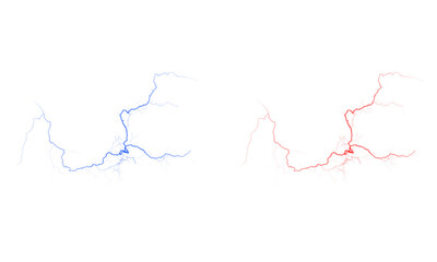 Blue and Red Thunder  Bloom – Two Abstract Geometric Shapes in Blue and Red, Modern Digital Glitch Style, Versus Graphic Element, Isolated Set on Transparent Background.