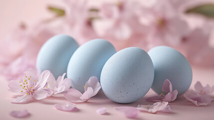 Obraz premium Festive arrangement of pastel blue eggs surrounded by delicate pink cherry blossom petals on soft pink background creating gentle and serene spring atmosphere