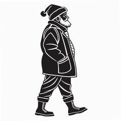 A black and white vector illustration of santa claus walking with his hands in his pockets, , perfect for christmas cards and holiday designs