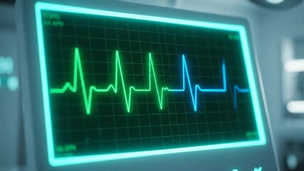 Close Up Display of Oscillating EKG Heartbeat Monitor in Hospital Showing Pulse Rhythm and Medical Vital Signs in Emergency Room