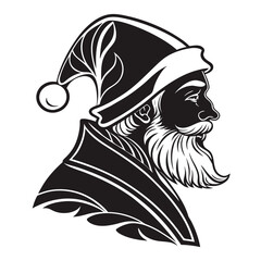 A striking black and white vector illustration presents a stylish santa claus in profile, complete with a modern hat and beard