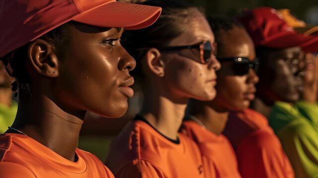 Focused athlete team orange uniform with cap and sunglasses, sunlight highlights focus and determination outdoor sports lineup, profile teamwork