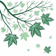 A serene illustration depicts a branch adorned with lush green maple leaves, the gentle hues and delicate details evoke a sense of tranquility and the beauty of nature, capturing the essence of autumn