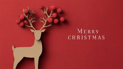 Christmas reindeer with berries on red background, holiday greeting card design