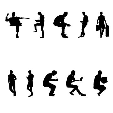 Collection of 10 modern vector silhouettes of men in everyday motion - using laptops, cheking phones, walking, and carrying luggage. Perfectly into architectural plans, business visuals, and creative.