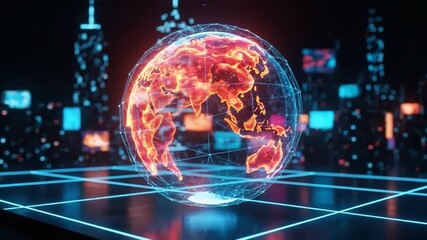 Vibrant digital Earth globe showcasing global network and data flow in a futuristic cityscape, symbolizing interconnected technology, innovation, and worldwide communication - Powered by Adobe