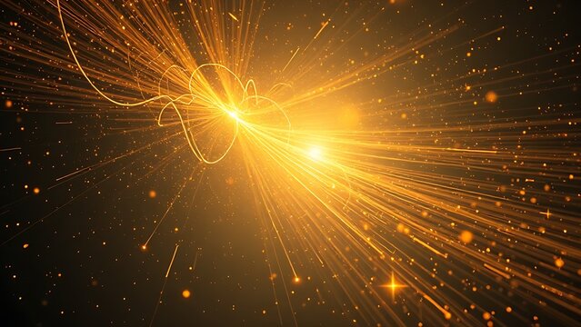 Thin metal sheets lifted by celestial golden photonic winds in space.