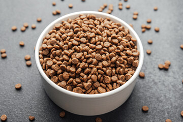 White bowl filled with dry dog food on black background with scattered kibbles