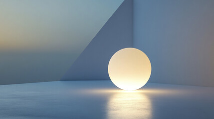 Glowing white circle rests at heart of seamless room corner with soft light reflecting on smooth floor, creating calm and minimalistic atmosphere