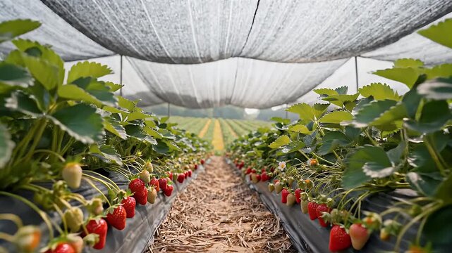 A bountiful strawberry patch with fresh, ripe berries growing in neat rows under a large agricultural canopy
