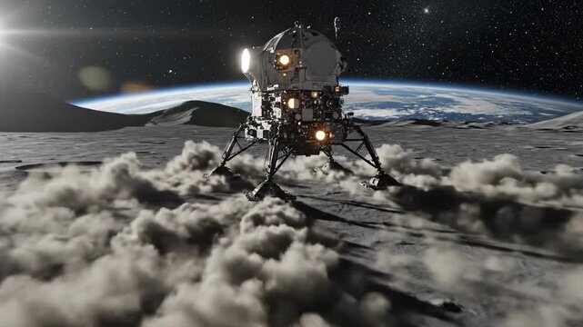 A Lunar Module Disconnects from the Earth-Moon Orbit, Preparing for Landing on the Moon's Surface Amidst Stars and Planetary Landscapes