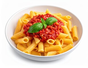 A mouthwatering Italian pasta dish topped with savory tomato sauce and fresh basil, served in a white bowl.