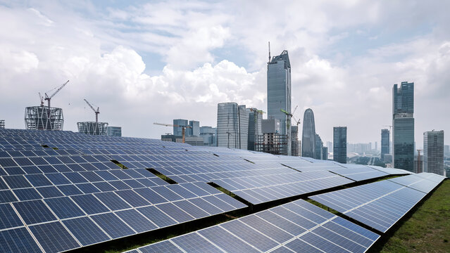 Urban solar panels installation with modern cityscape in the background