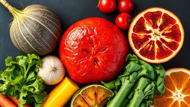 Vibrant circle of six colorful superfoods glowing with natural energy on dark background. - Powered by Adobe