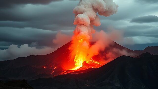 Long-dormant volcano eruption with time symbolism showing centuries of silence broken in geological awakening