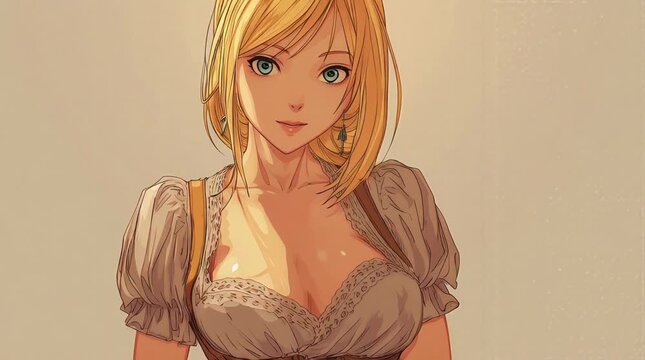 Anime Big Chest Blonde Girl with Sensual Curvy Body in Soft Pastel Background Lighting
