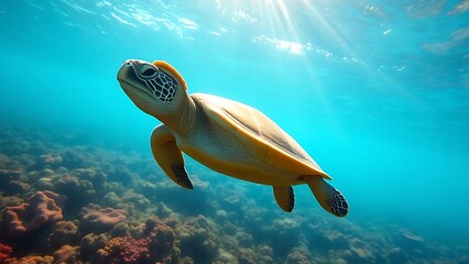 Hawaiian Green Sea Turtle gracefully swimming through sunlit ocean waters near a colorful coral reef.