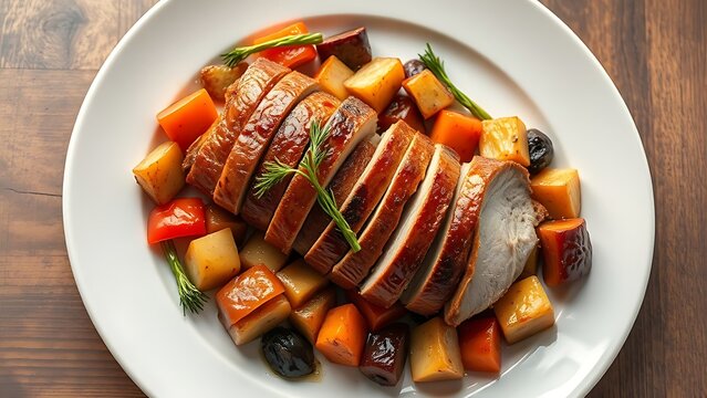 Roasted pork with seasonal vegetables on a white plate, presented with elegant and appetizing simplicity.