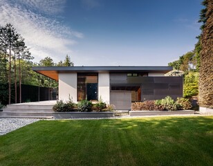 modern luxury house exterior with minimalist design and lush garden