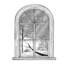 Window vector illustration showing snowy winter landscape with moon and tree. Linear drawing painted by black inks with landscape for cozy Christmas greeting cards or New Year invitations.