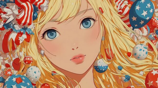 Anime Blonde Girl with Sensual Curvy Body in  Fireworks Background 