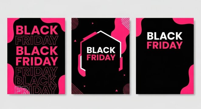 Black friday sale promotion posters with pink and black abstract design elements and bold typography