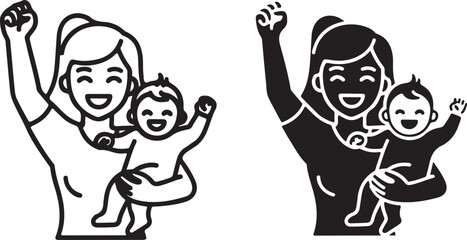 Joyful mother holding baby with raised arms, both smiling and celebrating together, symbolizing happiness, love, and accomplishment vector icon