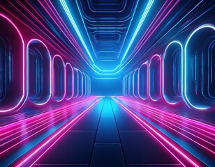 futuristic neon tunnel glowing lines digital space vibrant blue and pink abstract immersive energetic sci fi technology