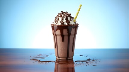 Decadent chocolate milkshake with whipped cream, chocolate syrup and straw, studio shot.