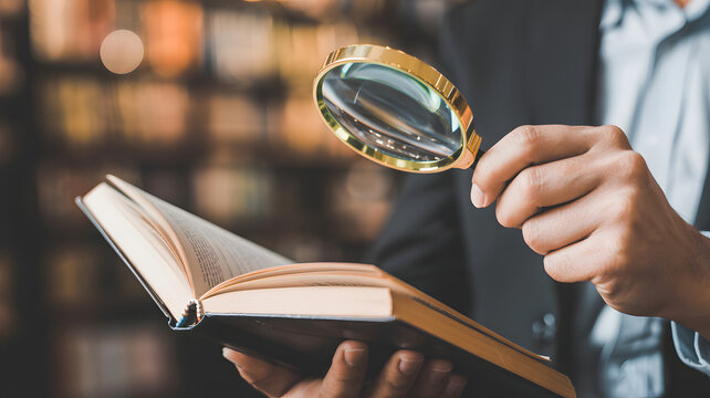 Professional examining ancient book with magnifying glass, seeking knowledge and insight amidst scholarly collection