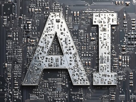 Artificial intelligence ai text overlayed on futuristic circuit board background - Powered by Adobe