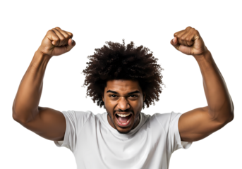 Excited man celebrating victory with arms raised in triumph