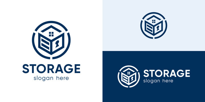 Creative simple storage home logo template. Storage with home logo design vector illustration.