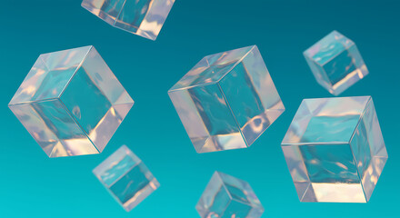 Floating translucent cubes on blue background, 3D render transparent