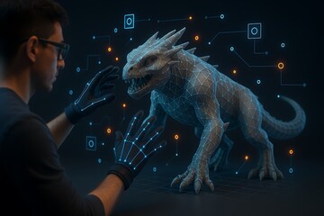 Man Interacting with Wireframe Dragon in Augmented Reality