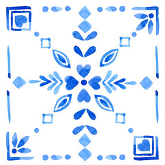 A hand-drawn watercolor blue square with a Mediterranean-style ornament. Blue and white title design in azulejo style use as print, decoration, postcard, element design, textile, package, fabric.